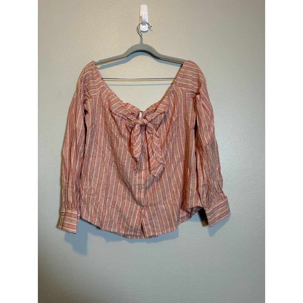 Free People M Tie Front Blouse Red Stripe Cottagecore Coastal Boho Slow Fashion
